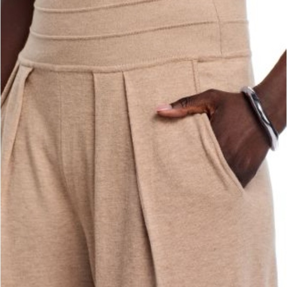 Sioni Ribbed Waist Pleated Wide-Leg Knit Pants - Neutral Tan